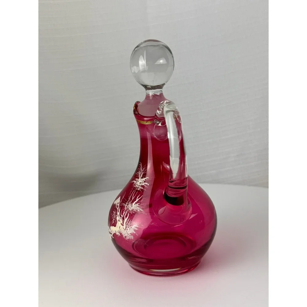 Vintage Mary Gregory Style Cranberry Glass Decanter Pink Enamel Girl 7.5in Good